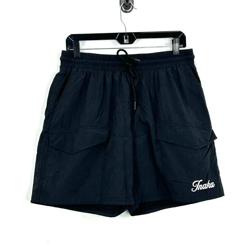 Inaka Power Mens Sz XL Nylon Black Cargo Short 5 Inch Logo Pockets Drawstring U3